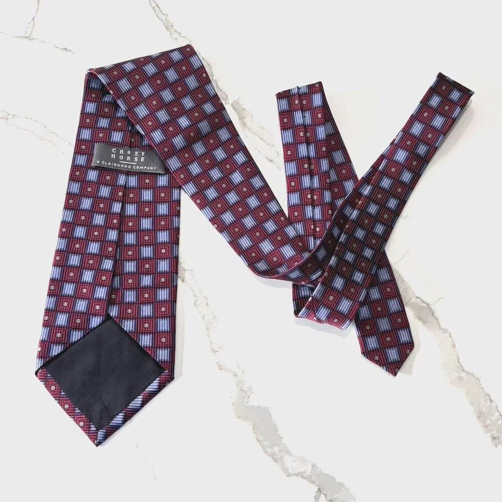CRAZY HORSE Men's Burgundy Blue Geometric Oxford Tie Necktie 100% Silk Classic